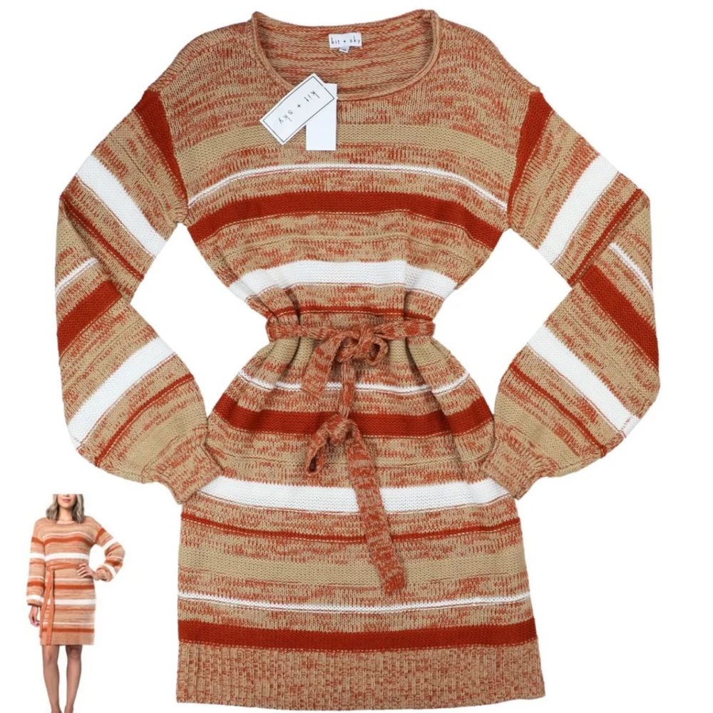 Kit + Sky Striped Knee/Mini Length Belted Women's Sweater Dress M NWT Rust